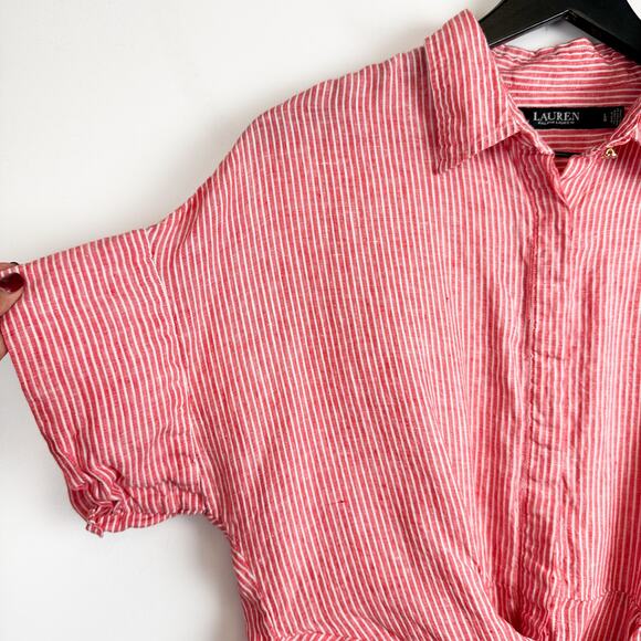 Lauren Ralph Lauren Womens 100% Linen Tie Front Button Up Shirt Red Stripe - L - Picture 2 of 8